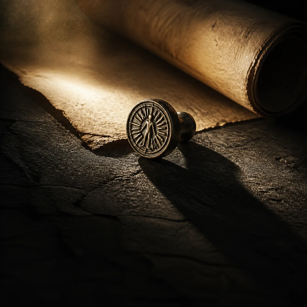 An antique bronze seal beside a scroll in a shaft of golden light