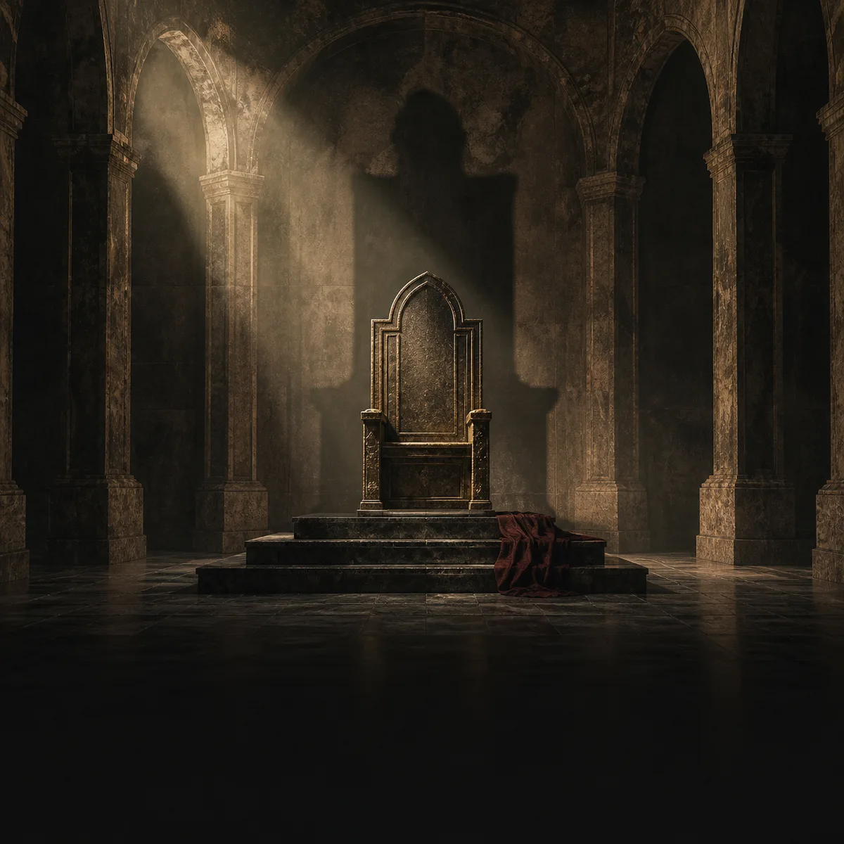 An empty bronze throne beneath stone arches casts an imposing shadow