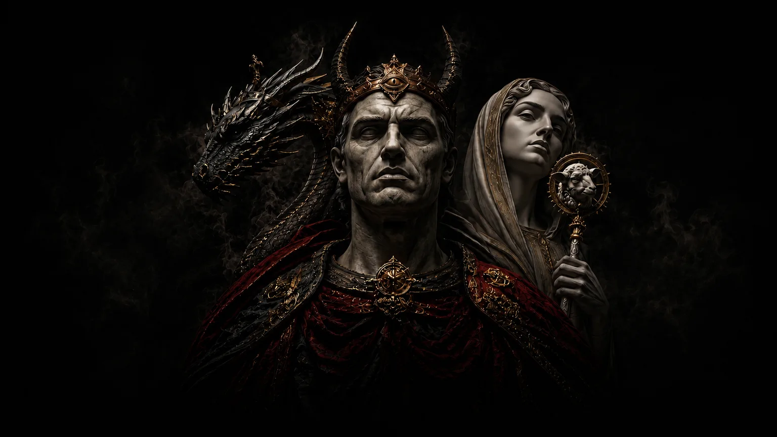 A crowned horned ruler between a dark dragon and a veiled figure holding a lion-faced mirror