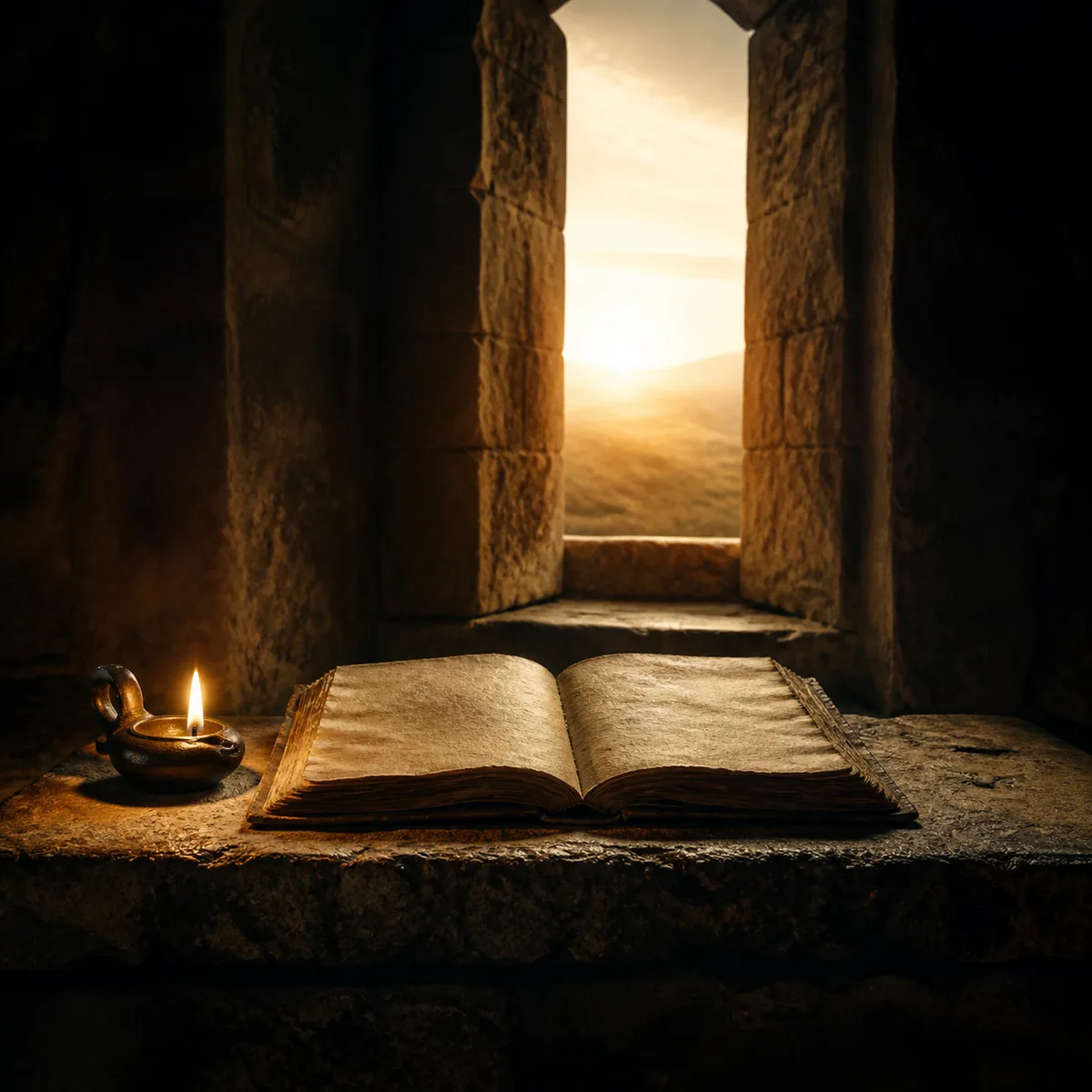 An oil lamp and an open manuscript illuminated by dawn through a stone doorway